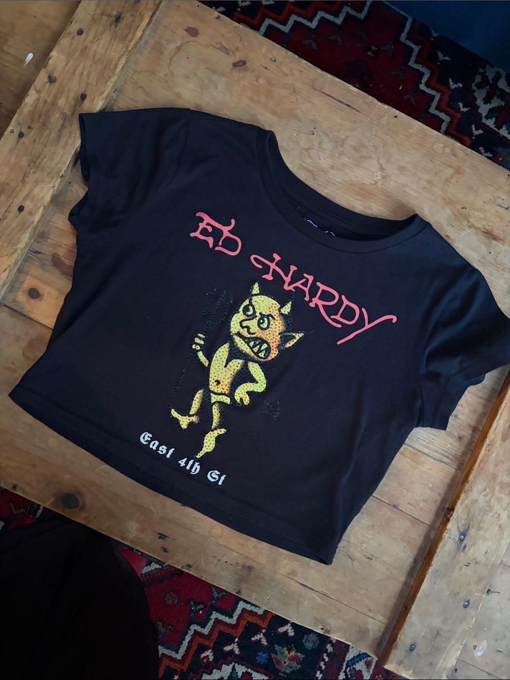 Ed Hardy Cropped Baby Tee with Yellow Devil and Red Logo